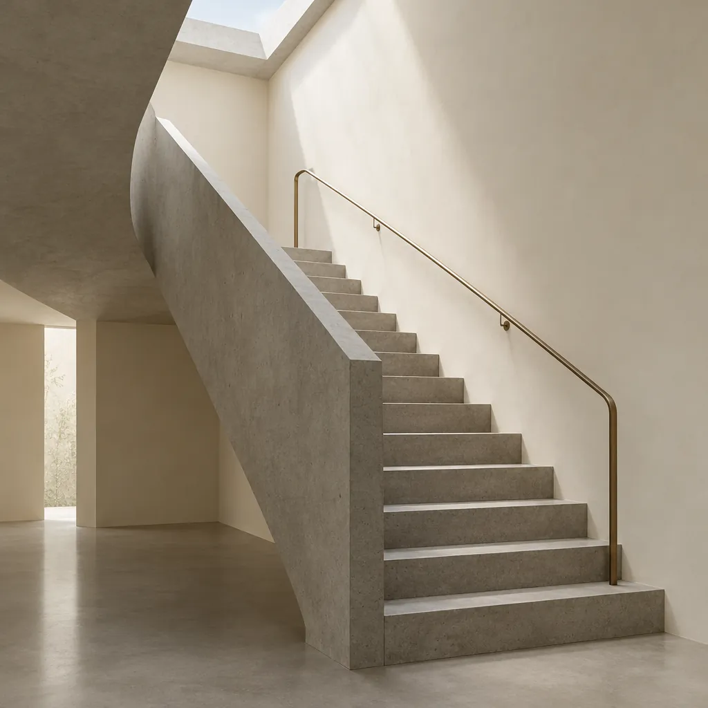 Scară din beton turnat, cu balustradă subțire de alamă, luminată de sus printr-un luminator