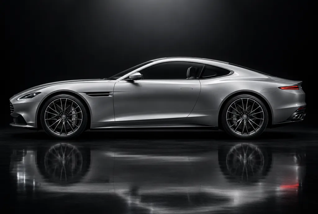 Grand tourer argintiu, din lateral, pe o podea de studio care îl reflectă