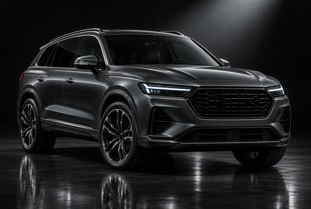 SUV gri antracit, din față, sub o lumină de studio