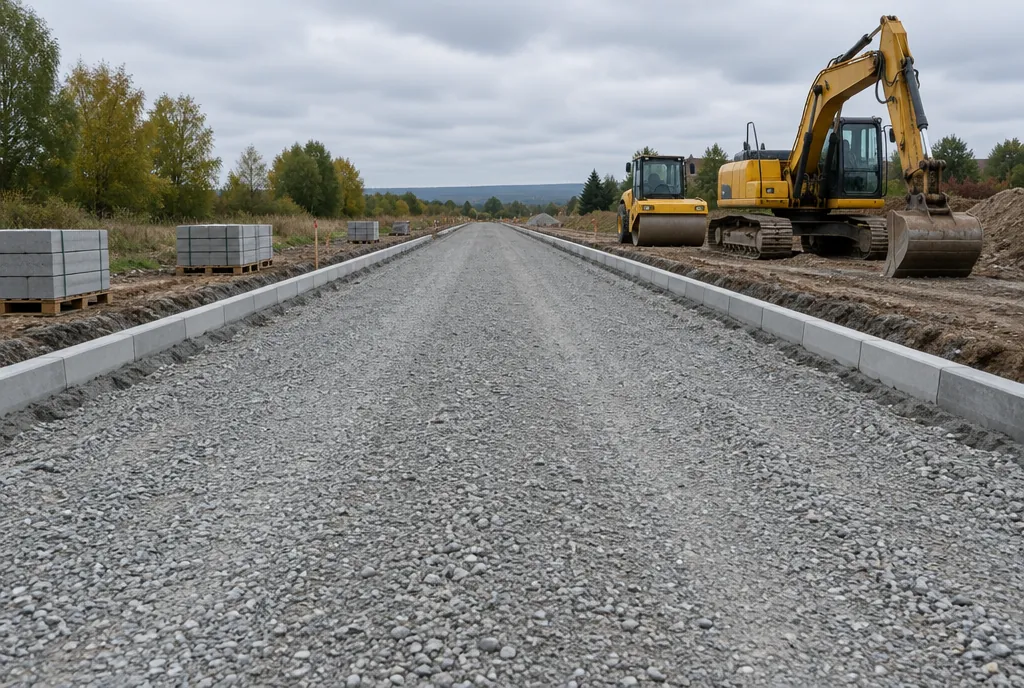 Drum în lucru: strat de balast compactat între borduri proaspăt montate, cu un excavator în dreapta