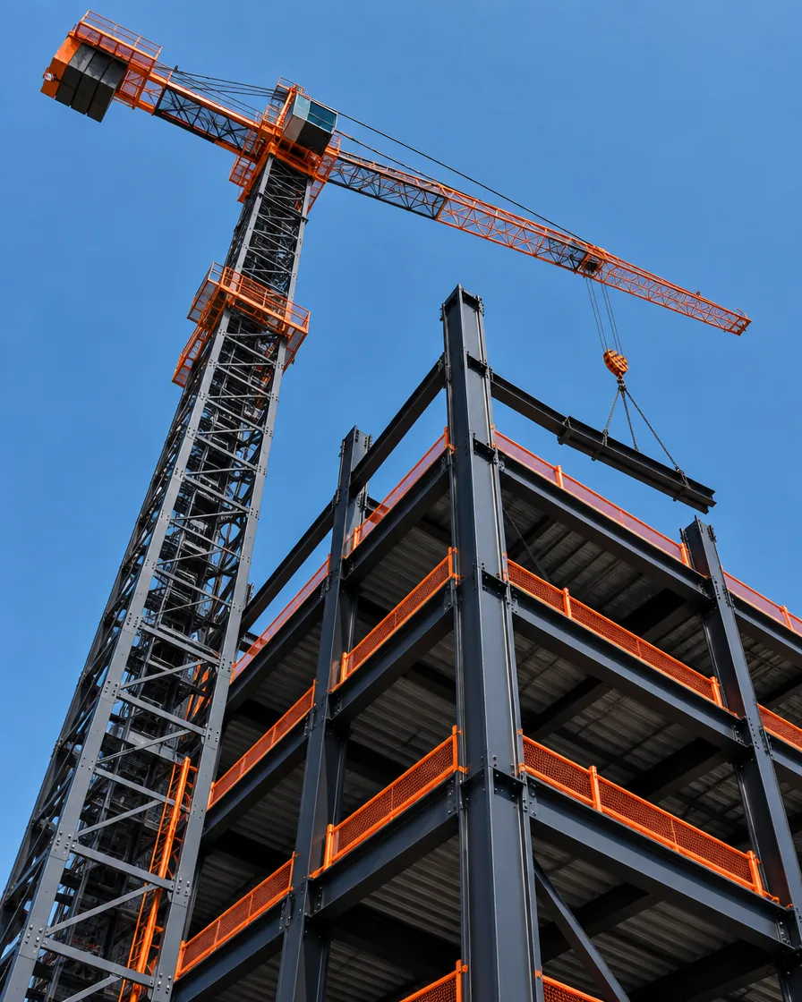 Macara turn portocalie lângă scheletul metalic al unei hale în construcție, pe cer senin