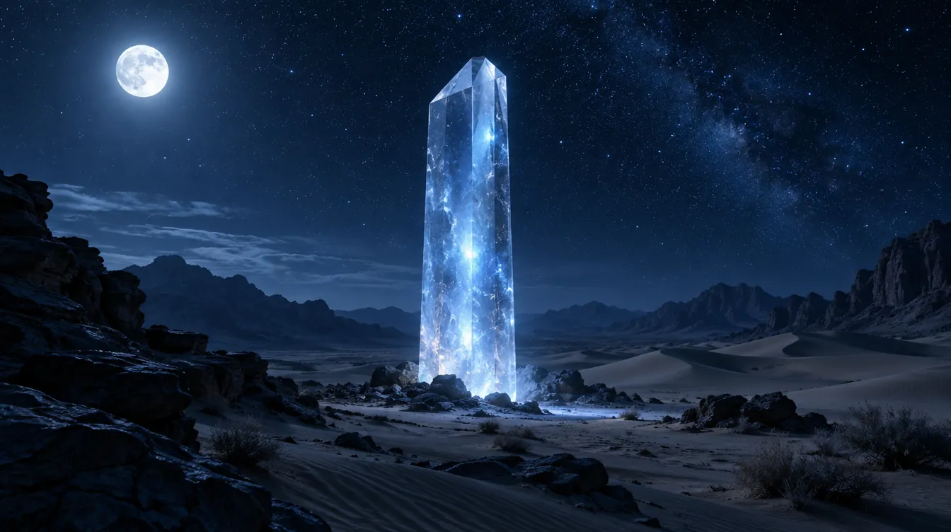 Monolit de cristal luminos într-un deșert de noapte, sub lună plină și cer înstelat