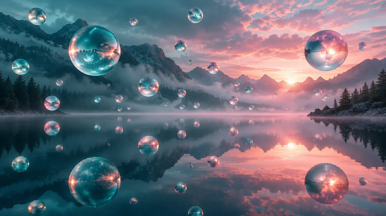 Sfere translucide plutind deasupra unui lac de munte, la apus roz