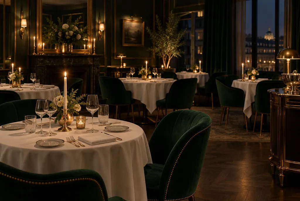 Sala restaurantului seara, cu fotolii de catifea verde și lumânări aprinse