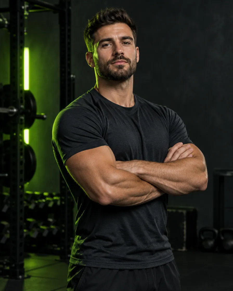Antrenor în tricou negru, cu brațele încrucișate, într-o sală cu lumină verde