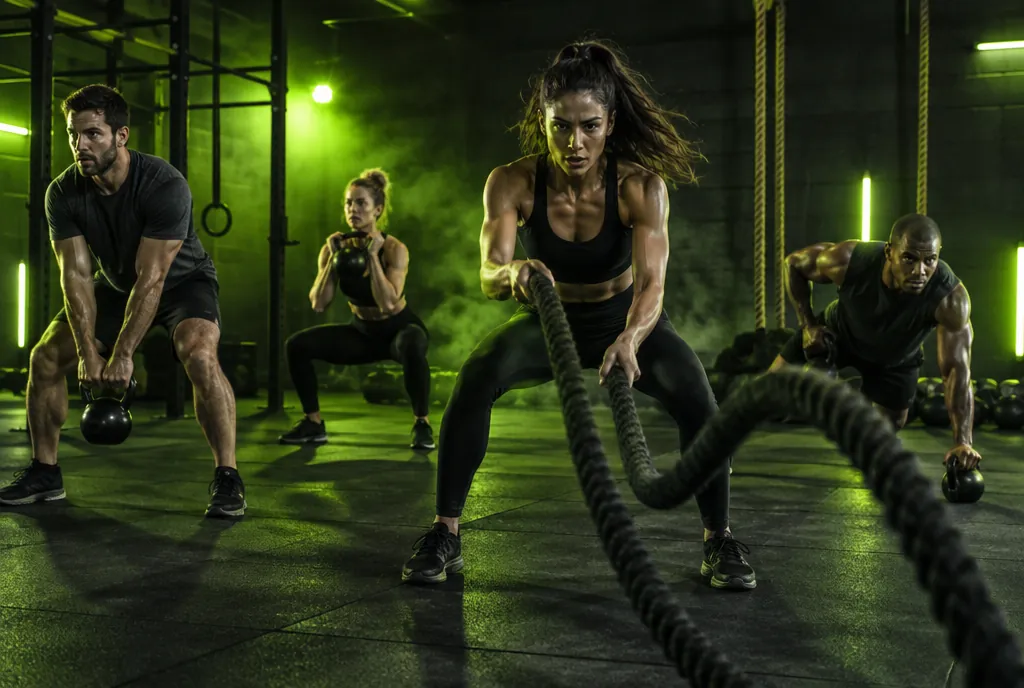 Clasă de condiționare: sportivi cu kettlebell și frânghii, în fum și lumină verde