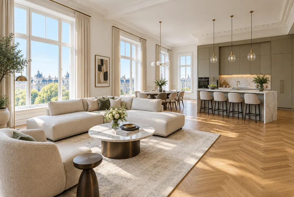 Apartament Belle Époque: living luminos cu ferestre înalte, canapea albă și bucătărie deschisă