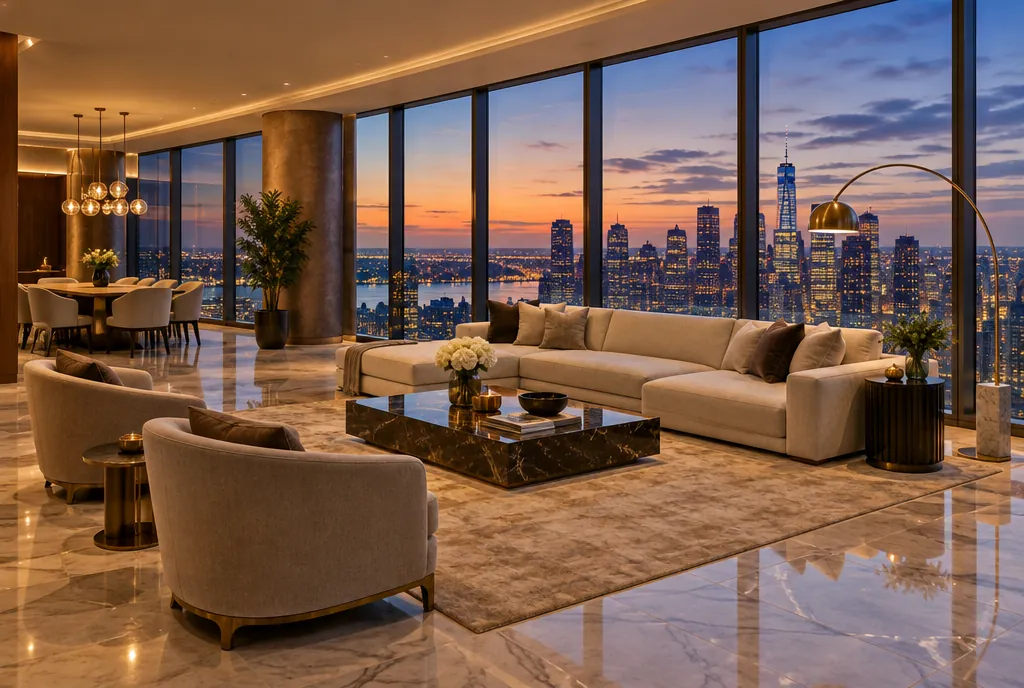 Living de penthouse cu ferestre pe toată înălțimea și orașul luminat seara