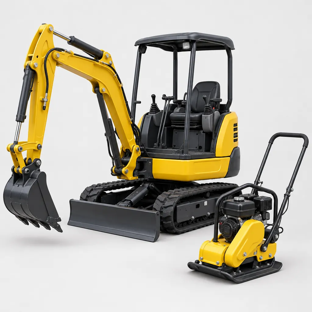 Miniexcavator galben și placă compactoare