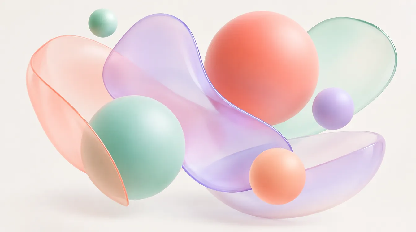 Forme translucide pastel, sfere și panglici, pe fundal crem
