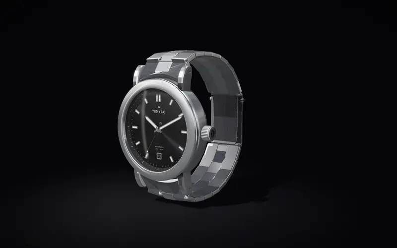 Ceasul automatic TMR-01 în studio, cu cadranul negru sunray și brățara din oțel