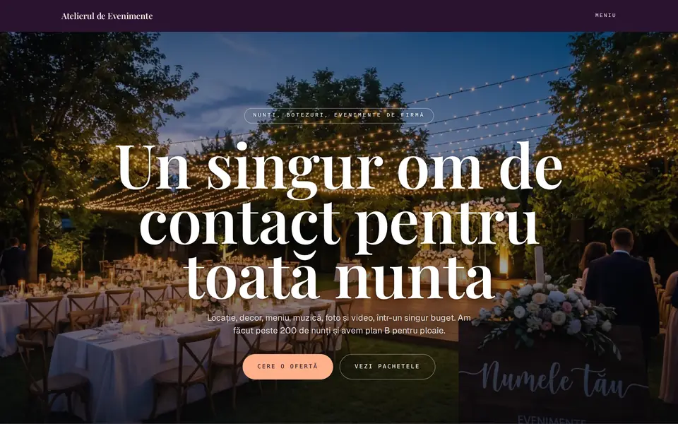 O pagină pentru un eveniment, făcută în configuratorul nostru.