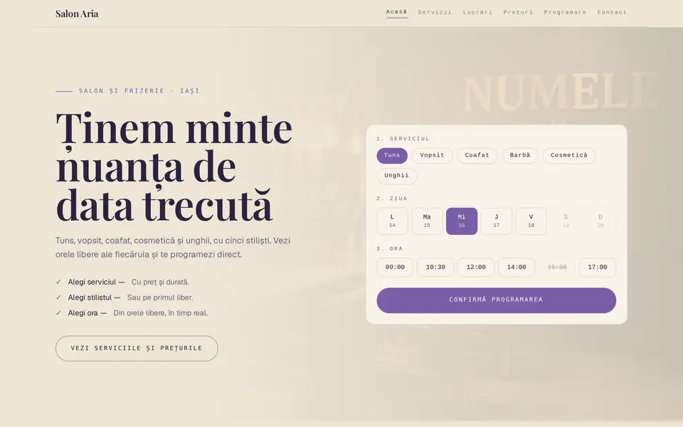 Un site de salon cu programări, făcut în configuratorul nostru.